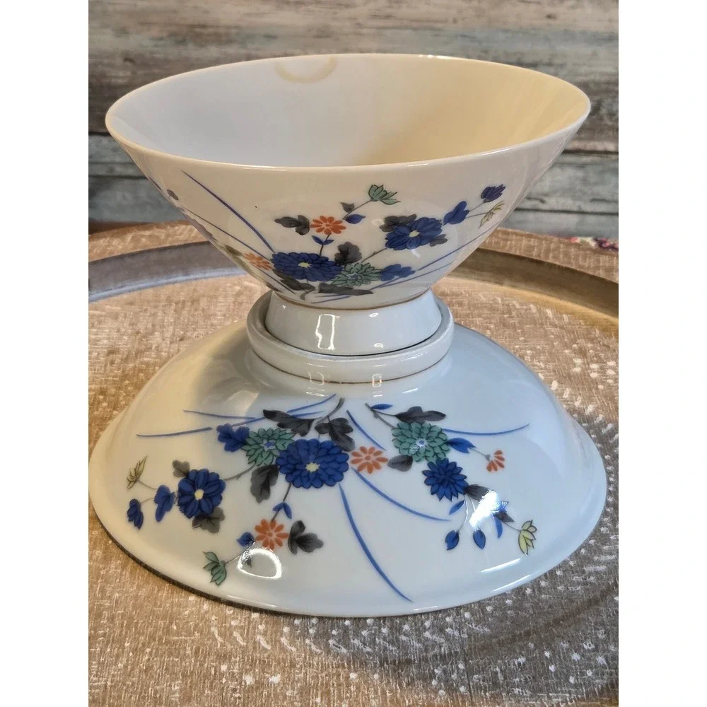😎Vintage Japanese Floral Porcelain Lidded Rice Bowl Set Blue‎ Gold Rim Mark
